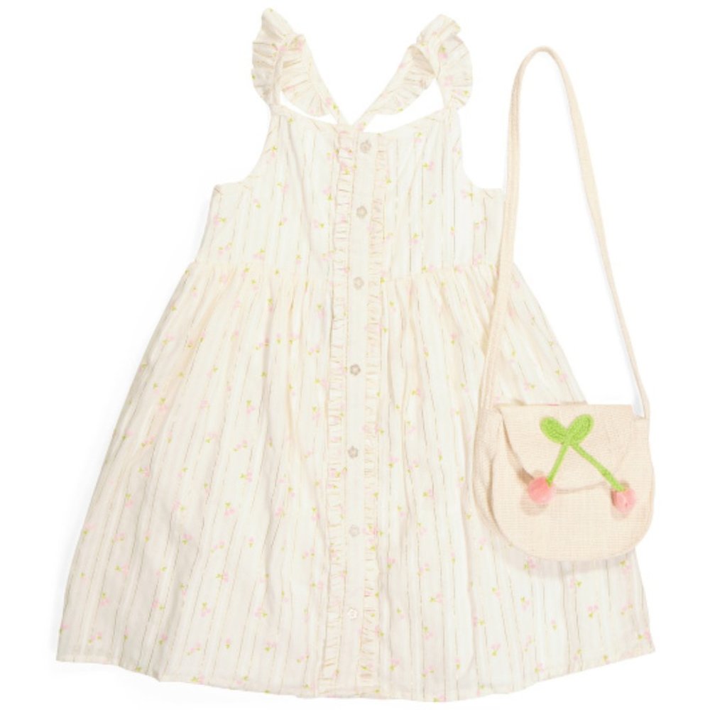 Tahari Cotton Front Button Dress With Ruffles and Straw Purse Girls Size 5 - Picture 7 of 8